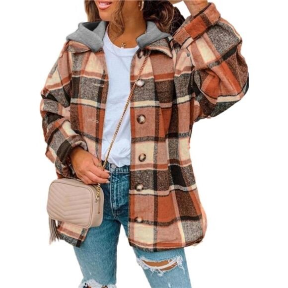 Women's Long Sleeve Button-Down Plaid Flannel Hooded Shacket Jacket - Picture 1 of 7